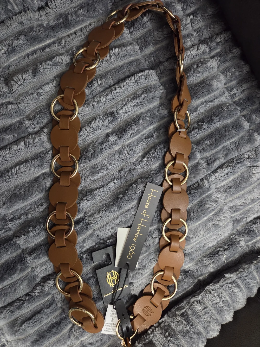 House of Harlow 1960 Brown Leather Ladies Link Belt with Gold Rings